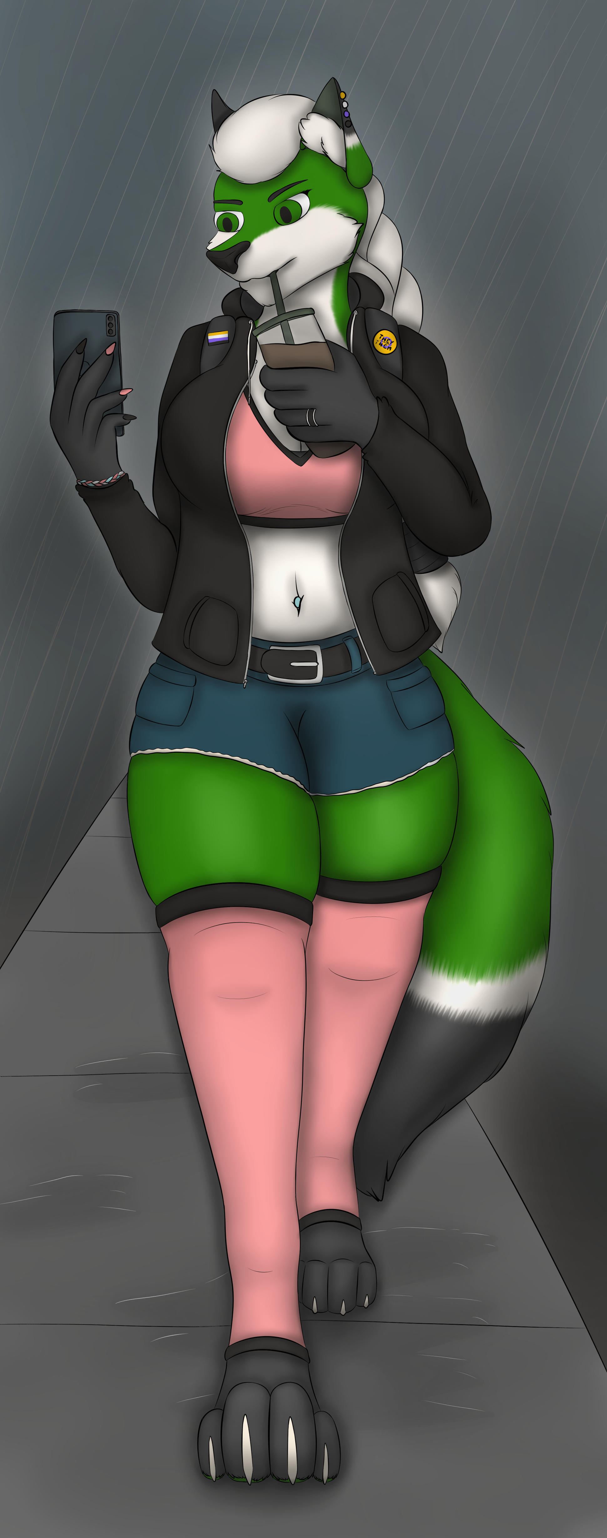 An anthro fox girl sipping a drink in the rain.